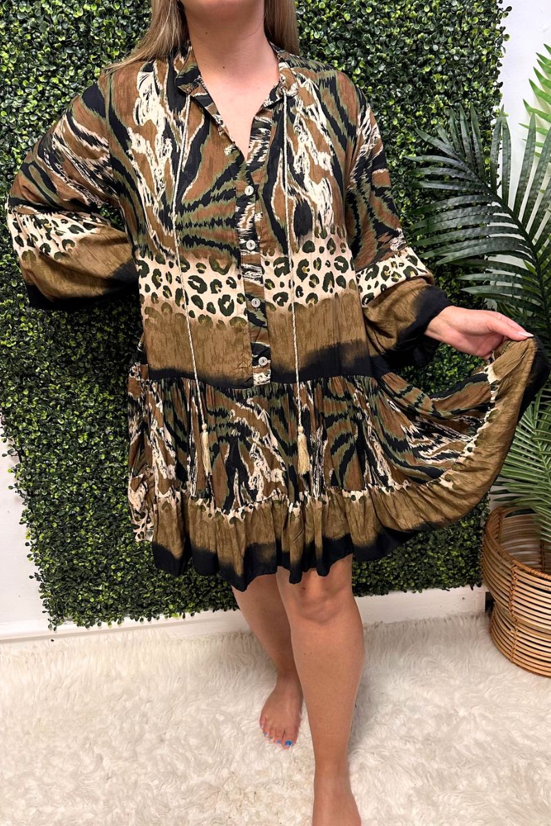 ROBYN Animal Print Smock Dress - Black
