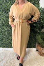 MARY Plain Belted Dress - Camel