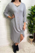 CLARA Button Detail Fine Knit Dress - Grey