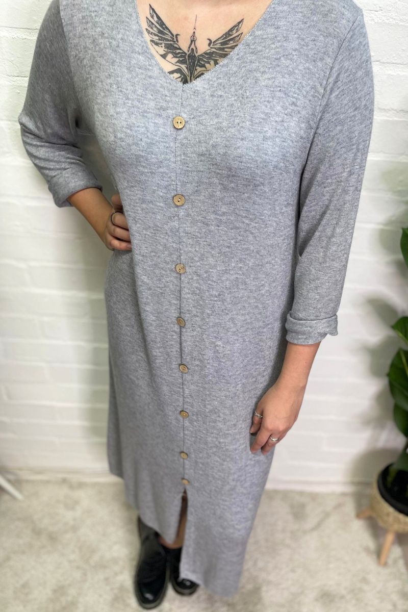 CLARA Button Detail Fine Knit Dress - Grey