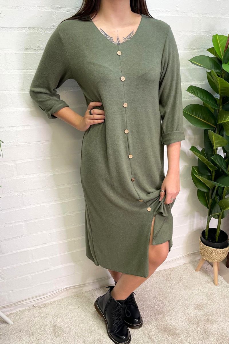 CLARA Button Detail Fine Knit Dress - Khaki