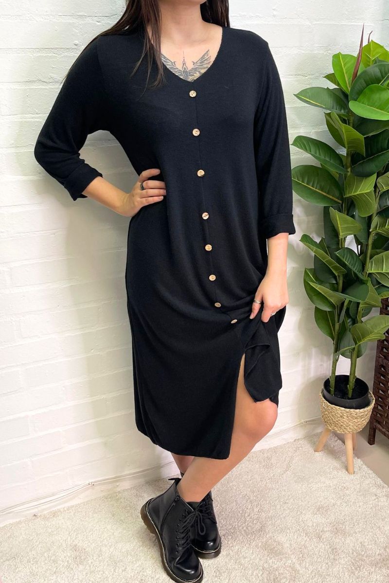 CLARA Button Detail Fine Knit Dress - Black