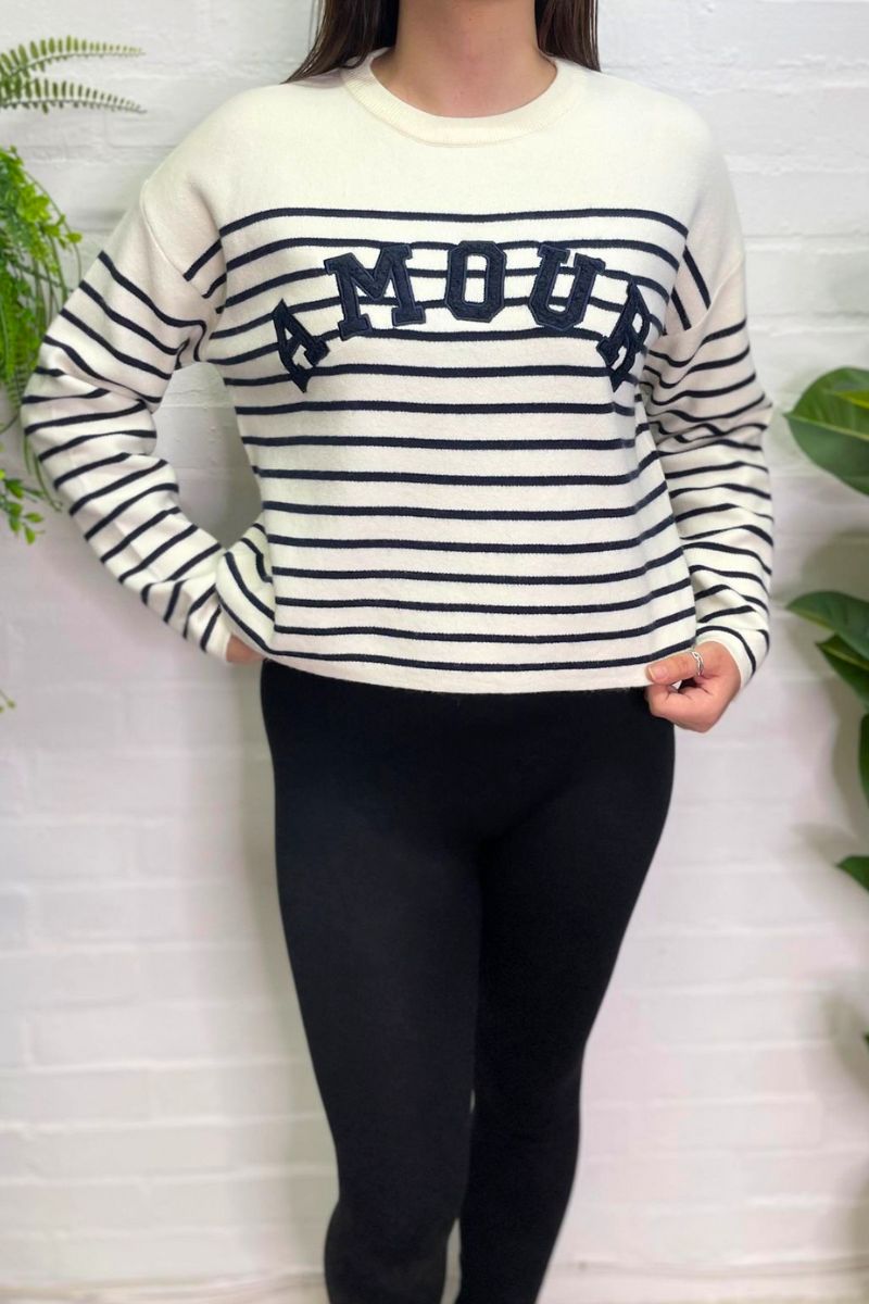 KARINE 'Amour' Striped Cropped Jumper - Cream