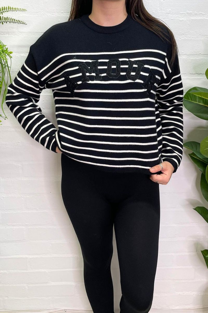 KARINE 'Amour' Striped Cropped Jumper - Black