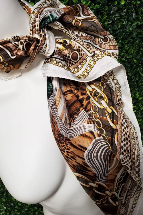 Brown Animal Print Chain Detail Neck Scarf - C61