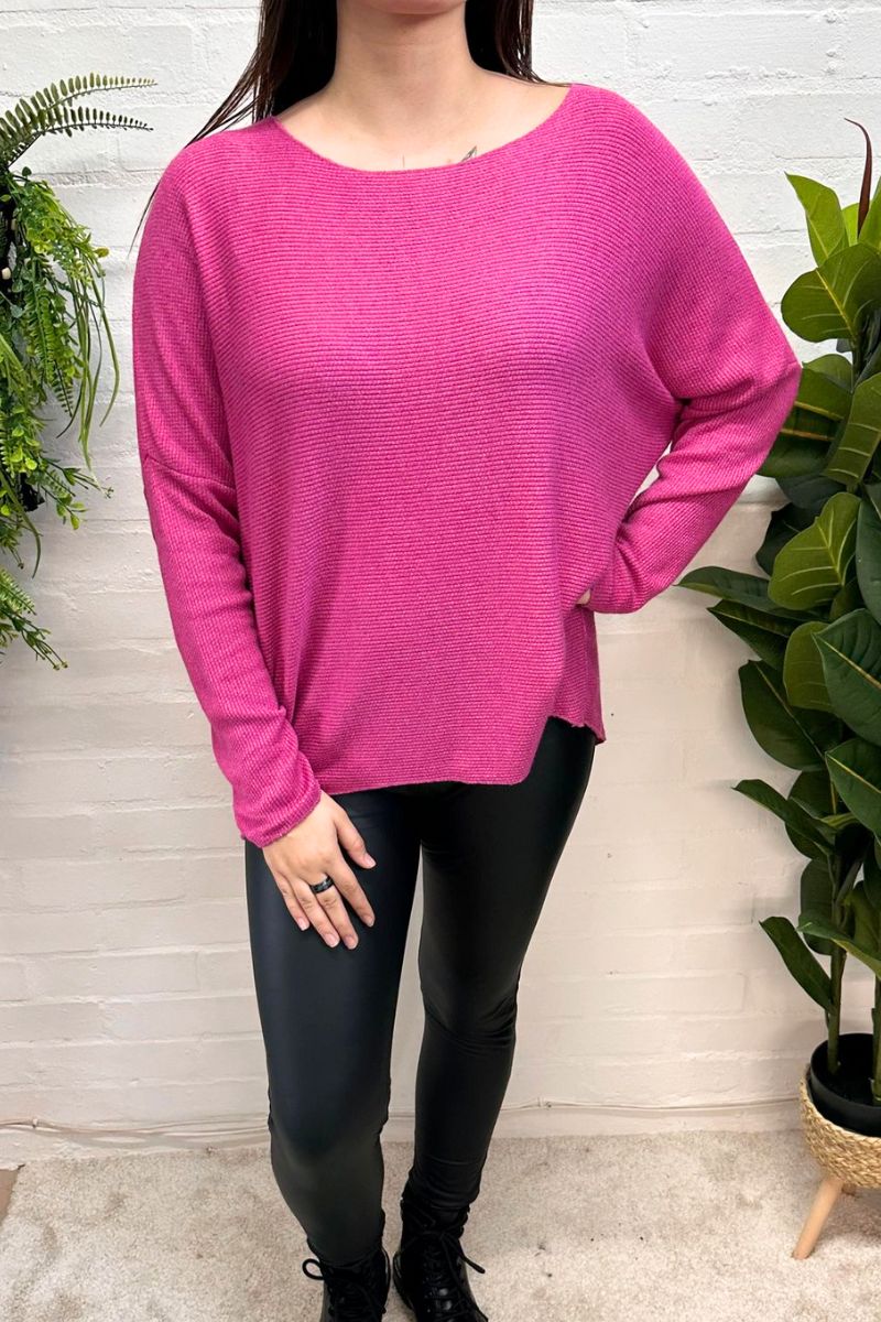 AMINA Waffle Knit Hi-low hem Top - Fuchsia