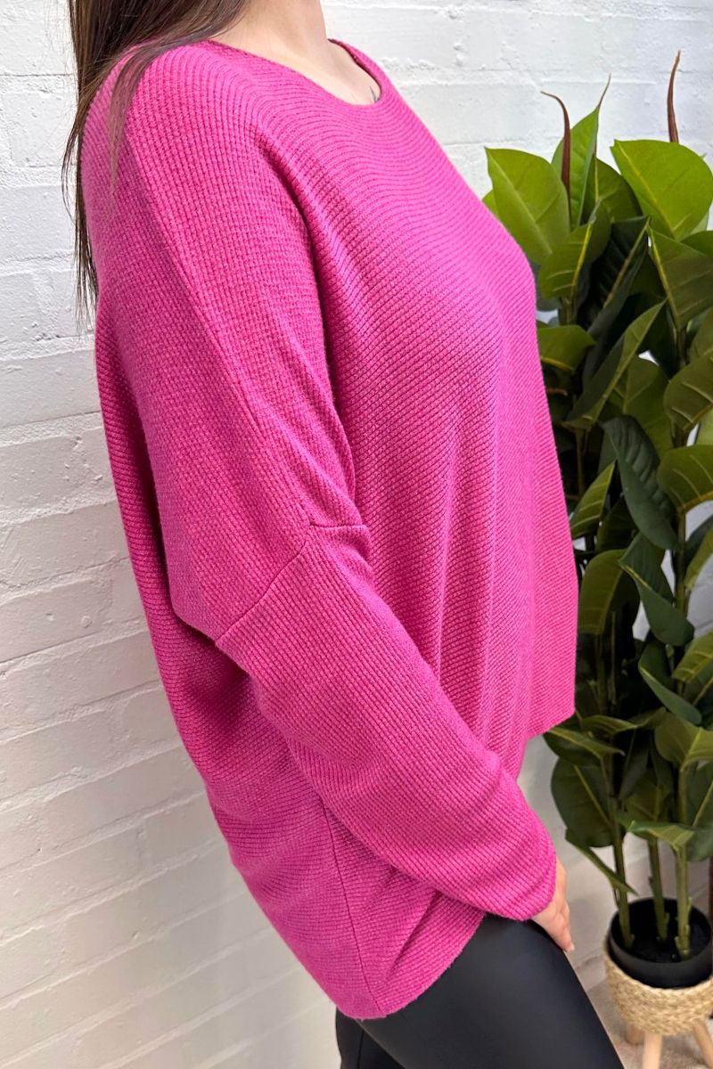 AMINA Waffle Knit Hi-low hem Top - Fuchsia