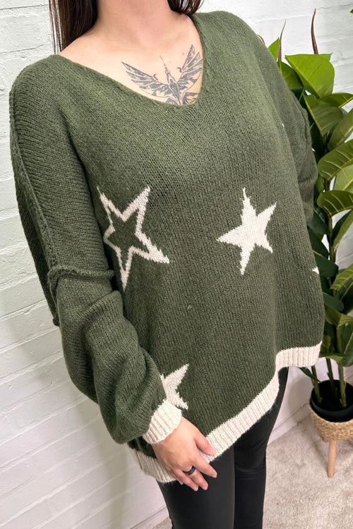 MARIANNE Knitted Star Jumper - Khaki