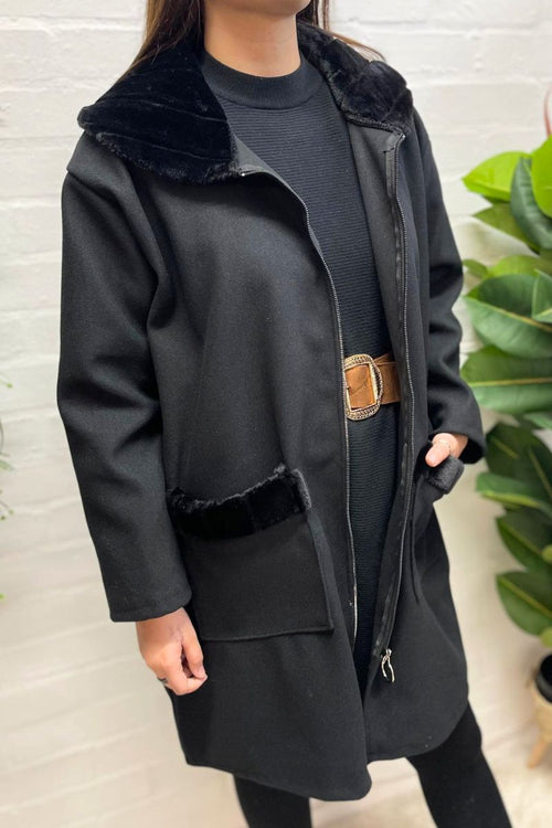VICTORIA Faux Fur Detail Coat - Black