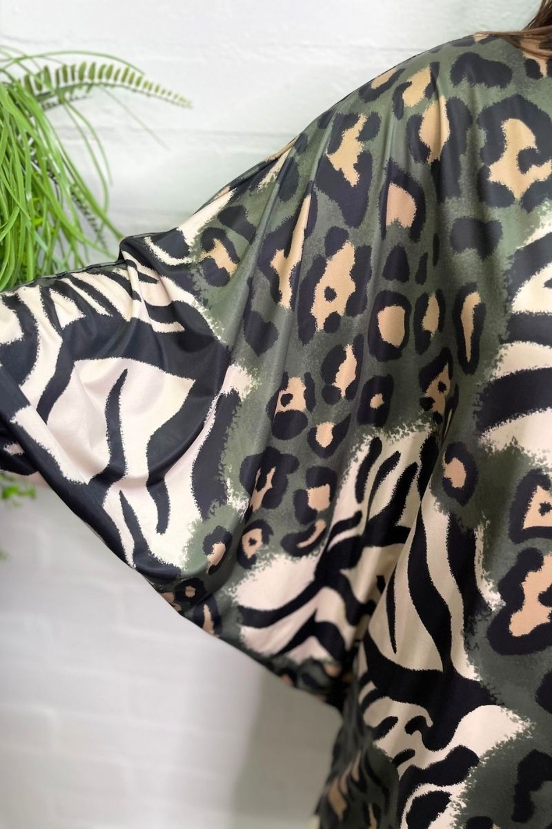 VANESSA Animal Print Batwing Top - Khaki