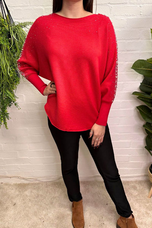 FERN Diamante Ribbed Jumper - Red
