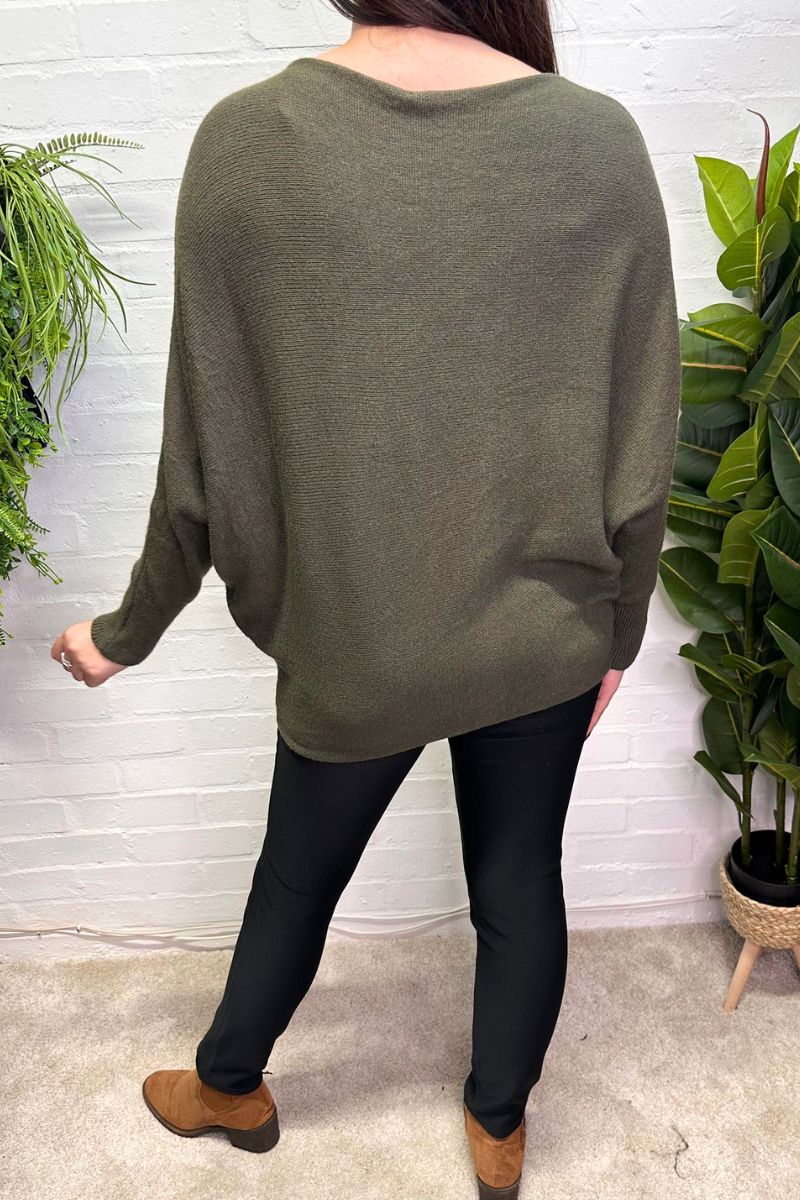 SALLY Plain Batwing Jumper - Khaki