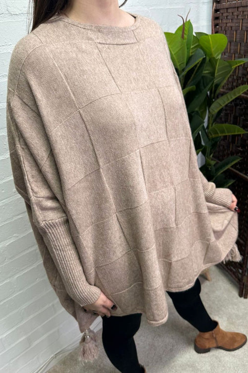 GWEN Checked Tassel Poncho - Mocha