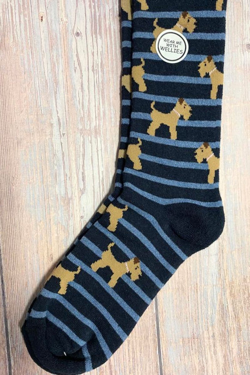 ALMA Striped Dog Welly Sock - Navy
