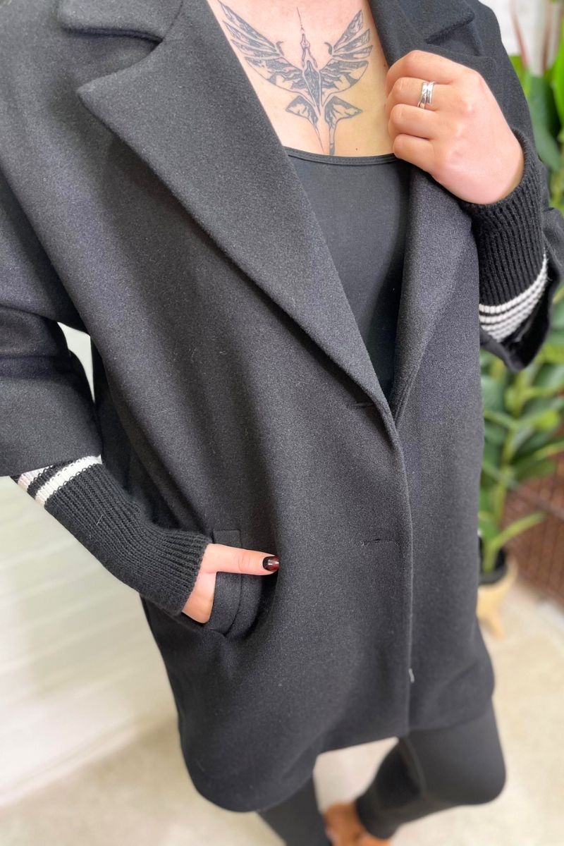 JANINE Stripe Knitted Sleeve Coat - Black