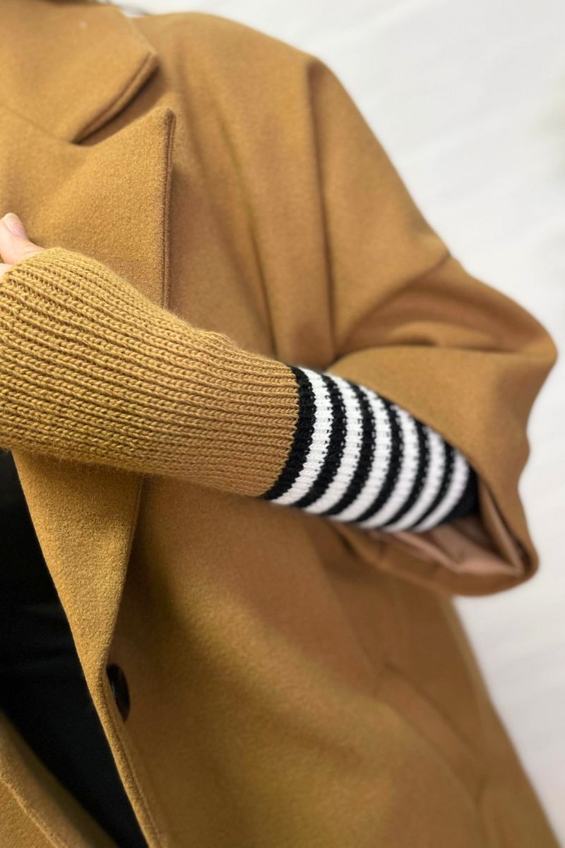 JANINE Stripe Knitted Sleeve Coat - Camel