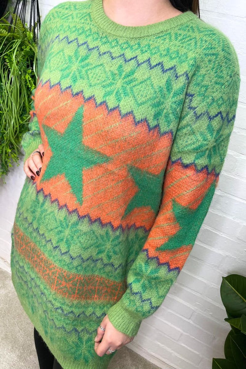 LORETTA Fair Isle Knitted Jumper Dress - Green