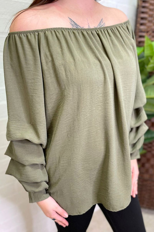 ADELINE Off-Shoulder Layered Sleeve Top - Khaki