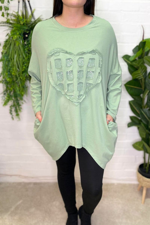 STACEY Sequin Heart Sweatshirt - Sage Green