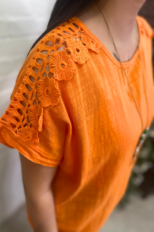 ANGELA Crochet Lace Detail Top - Orange