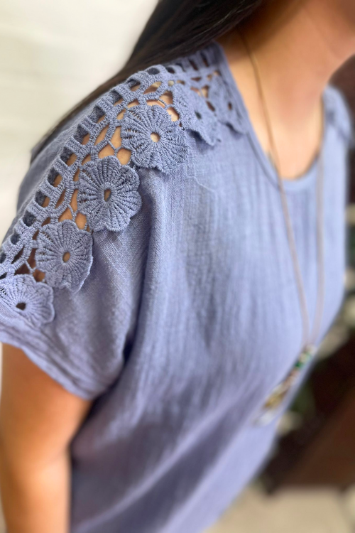 ANGELA Crochet Lace Detail Top - Denim Blue