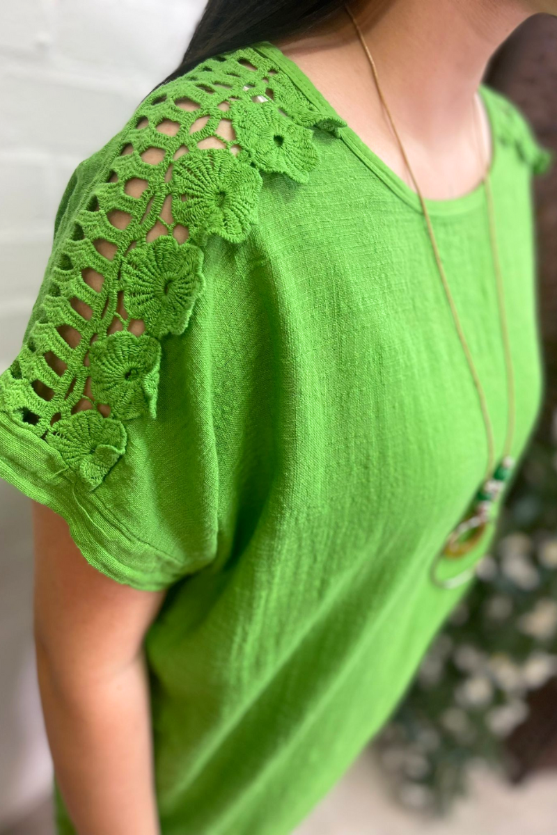 ANGELA Crochet Lace Detail Top - Apple Green