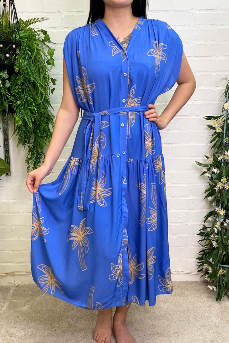 NAOMI Palm Tree Shirt Dress - Denim Blue