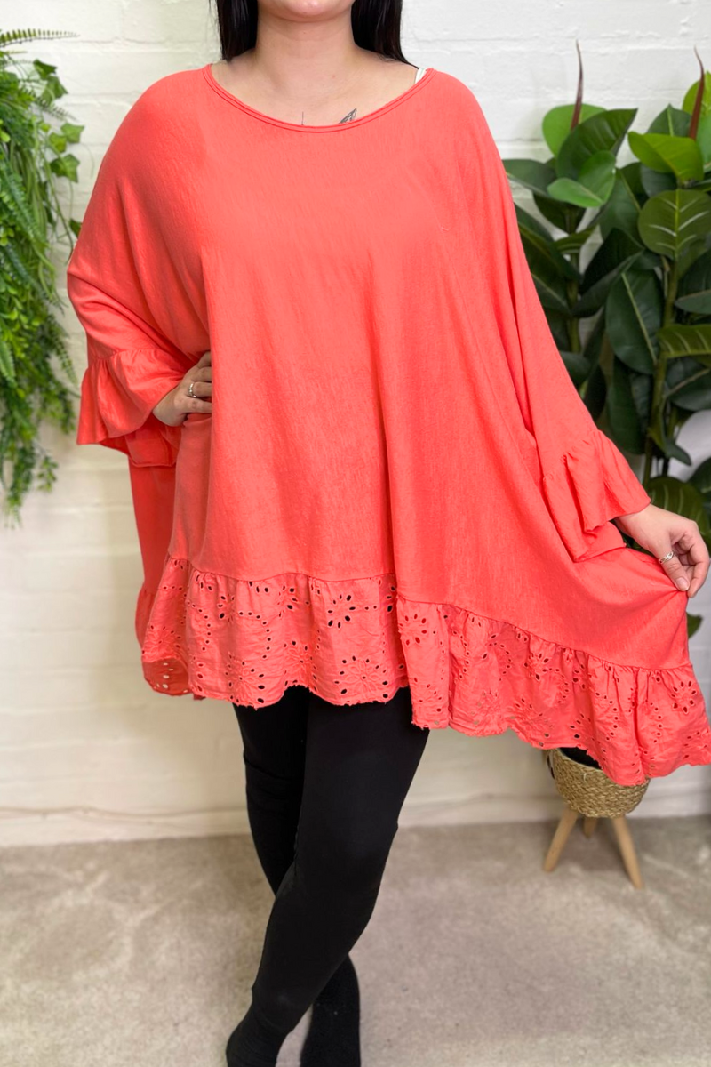 AVERY Oversized Broderie Anglaise Top - Coral