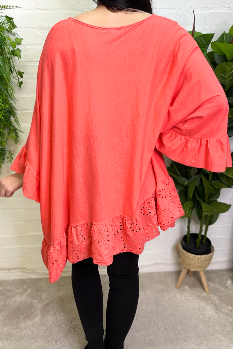 AVERY Oversized Broderie Anglaise Top - Coral