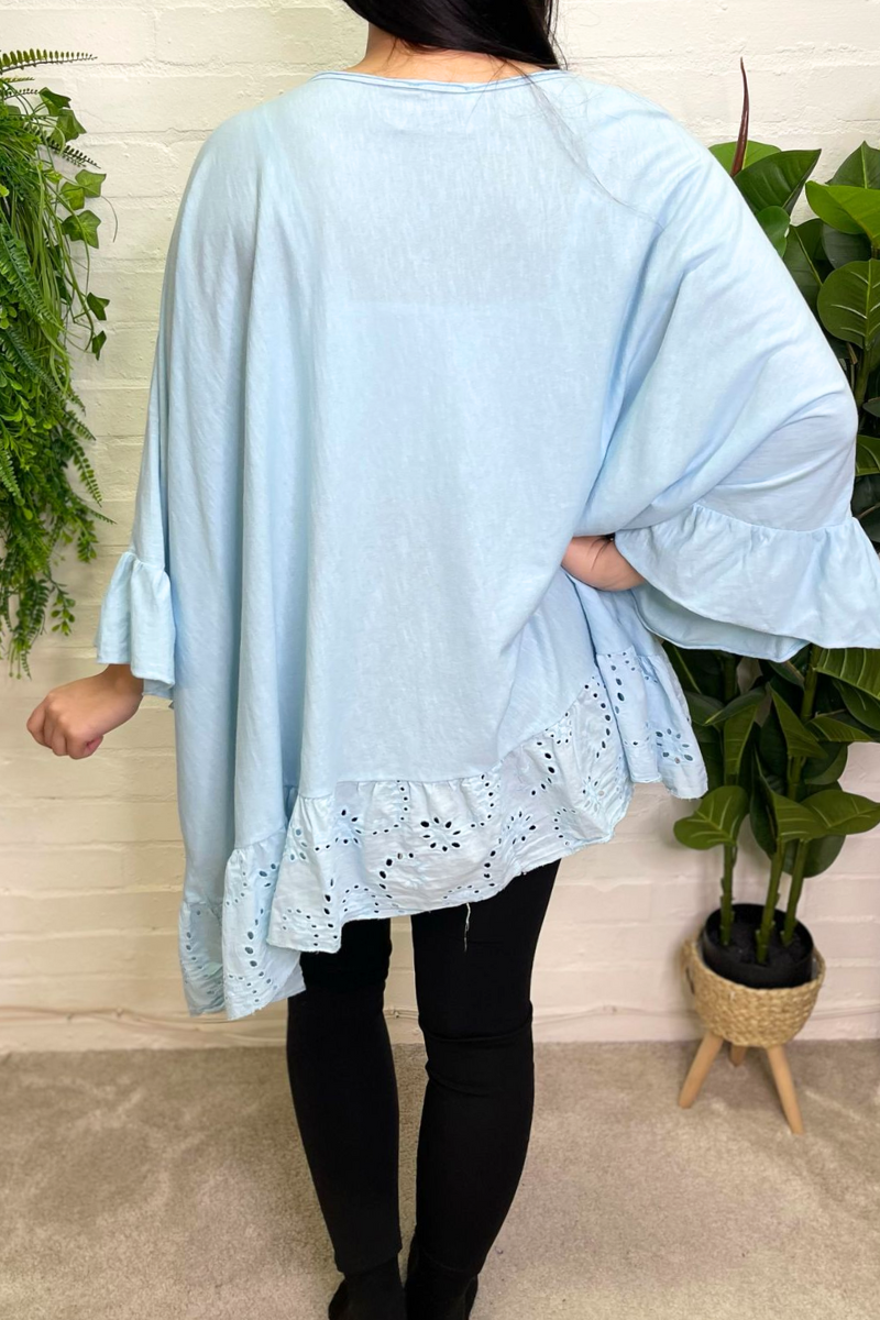 AVERY Oversized Broderie Anglaise Top - Baby Blue