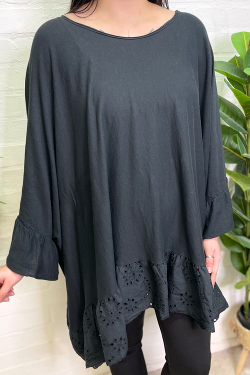 AVERY Oversized Broderie Anglaise Top - Black