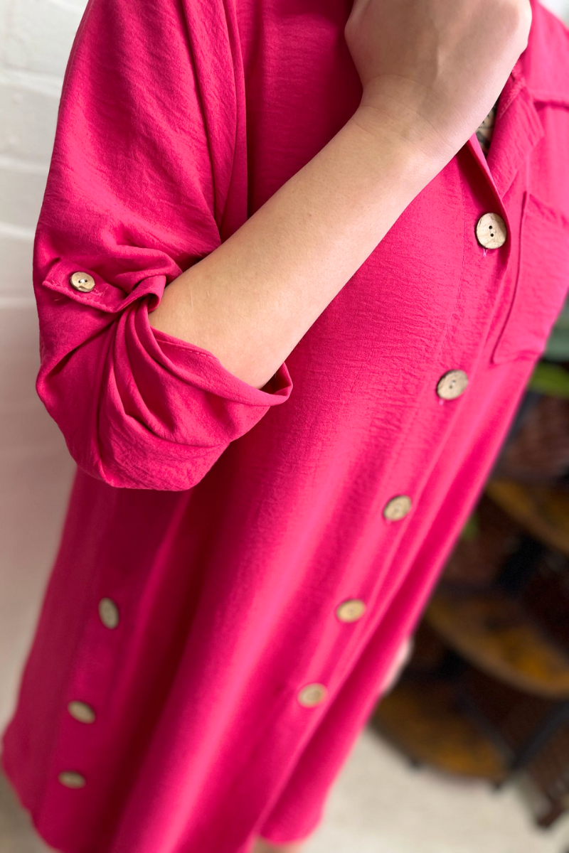 MADISON Button Detail Shirt Dress - Fuchsia