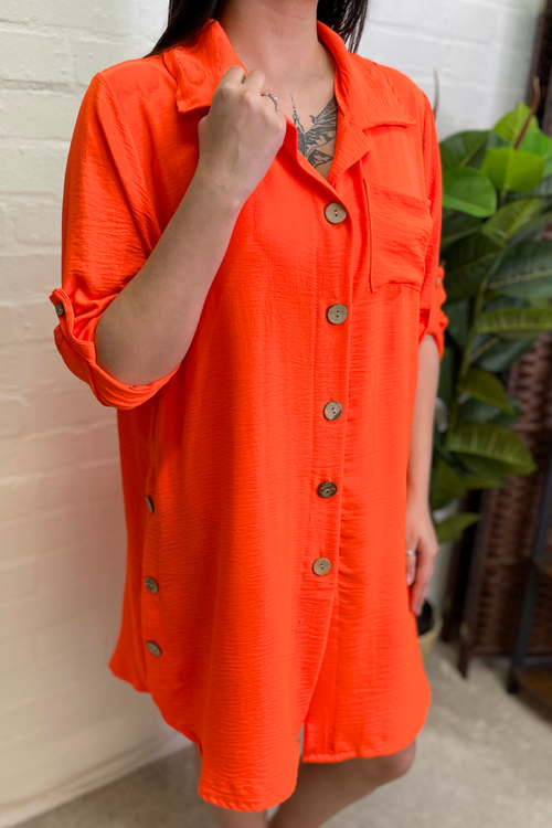 MADISON Button Detail Shirt Dress - Neon Orange