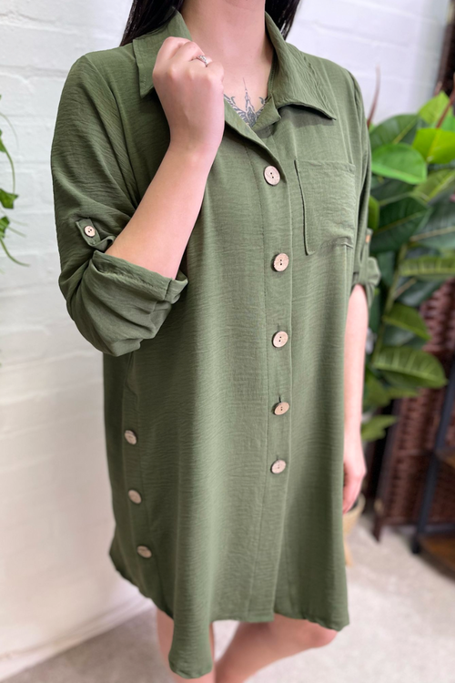 MADISON Button Detail Shirt Dress - Khaki