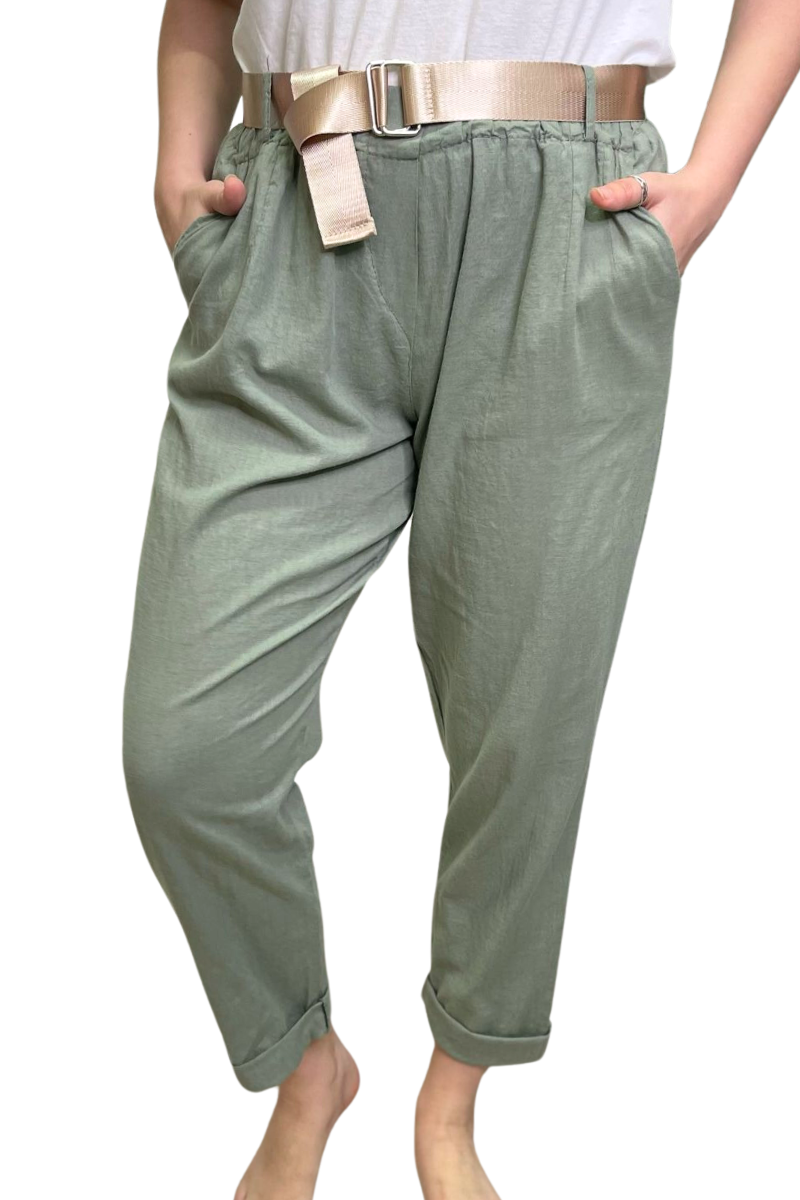 KALI Belted Linen Trousers - Khaki