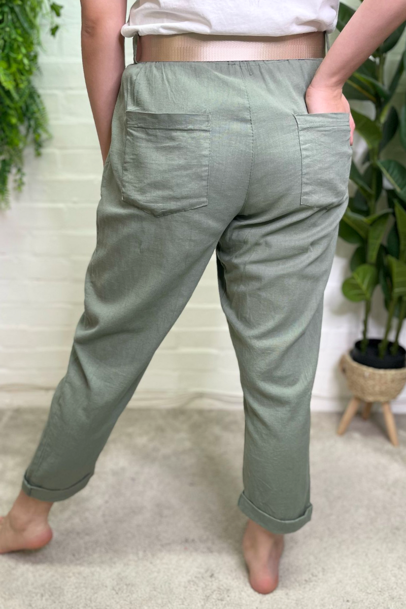 KALI Belted Linen Trousers - Khaki