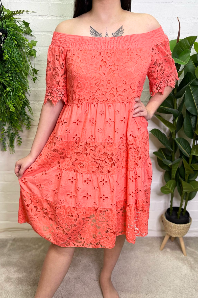 LORETTA Crochet Lace Bardot Dress - Coral