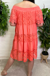 LORETTA Crochet Lace Bardot Dress - Coral