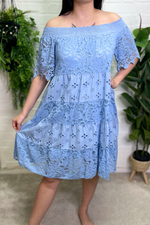 LORETTA Crochet Lace Bardot Dress - Baby Blue