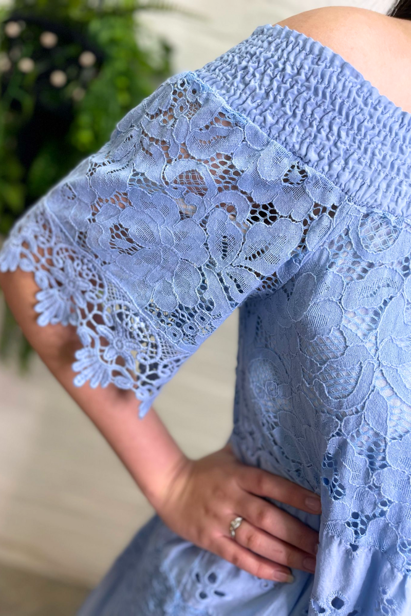 LORETTA Crochet Lace Bardot Dress - Baby Blue
