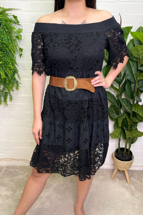 LORETTA Crochet Lace Bardot Dress - Black