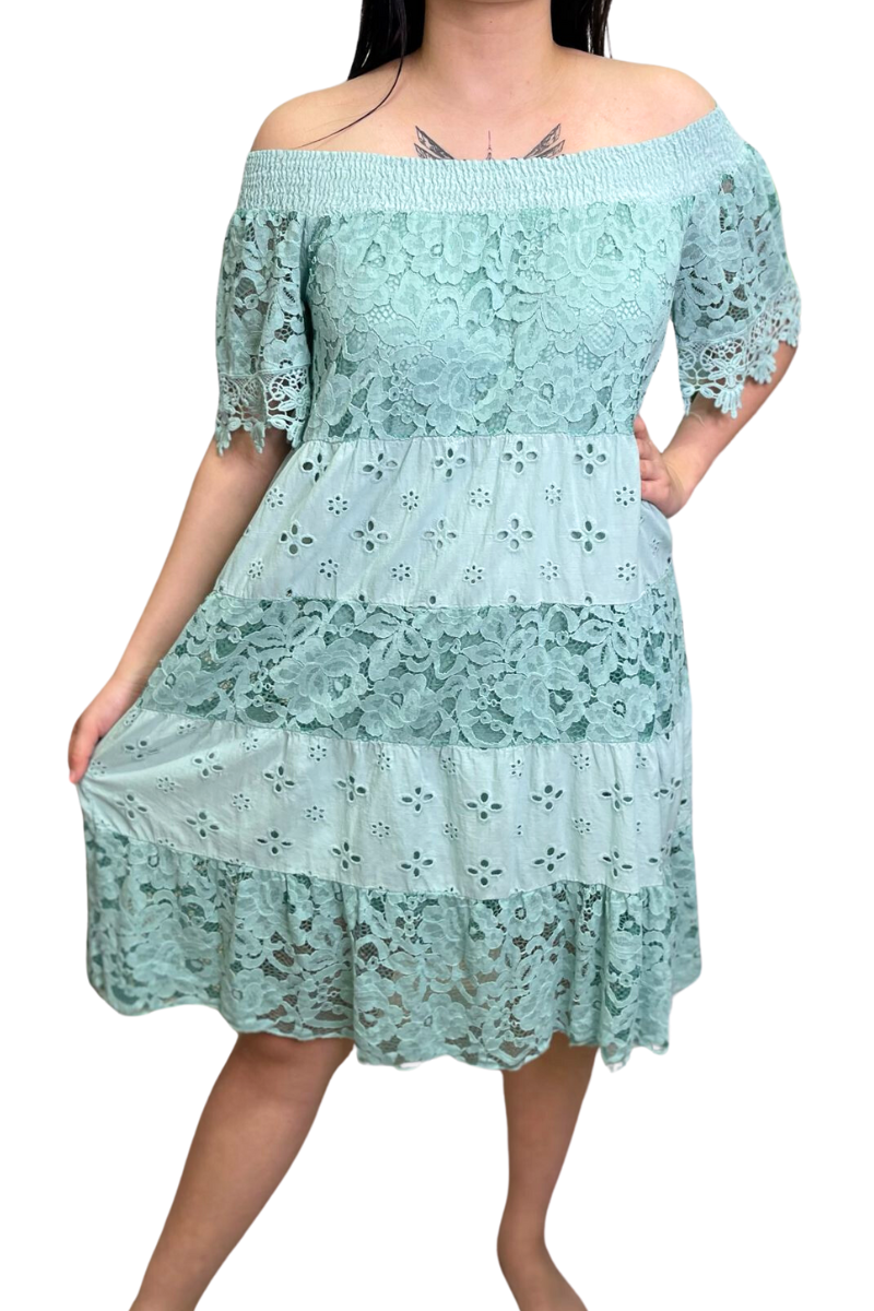 LORETTA Crochet Lace Bardot Dress - Mint Green