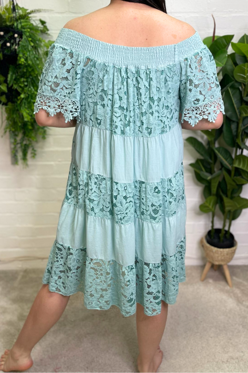 LORETTA Crochet Lace Bardot Dress - Mint Green
