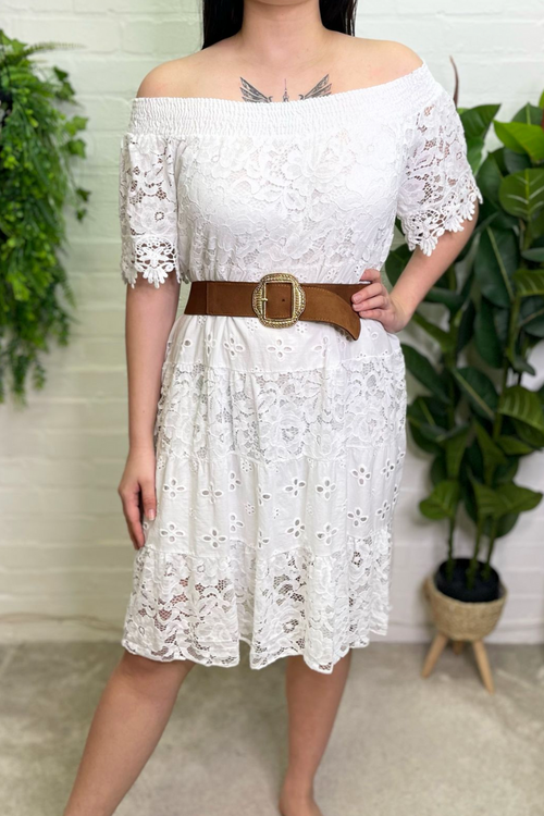 LORETTA Crochet Lace Bardot Dress - White