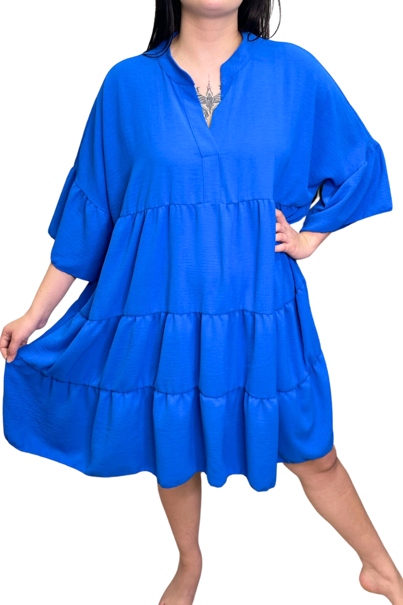 JEMIMA Plain Tiered Smock Dress - Royal Blue