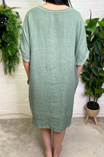 GLENDA Oversized Crochet Sleeve Linen Dress - Khaki