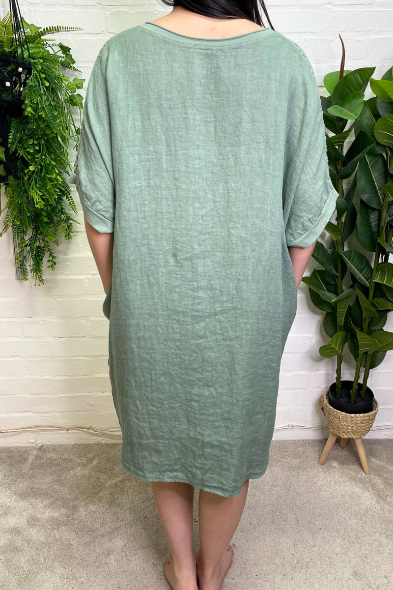 GLENDA Oversized Crochet Sleeve Linen Dress - Khaki