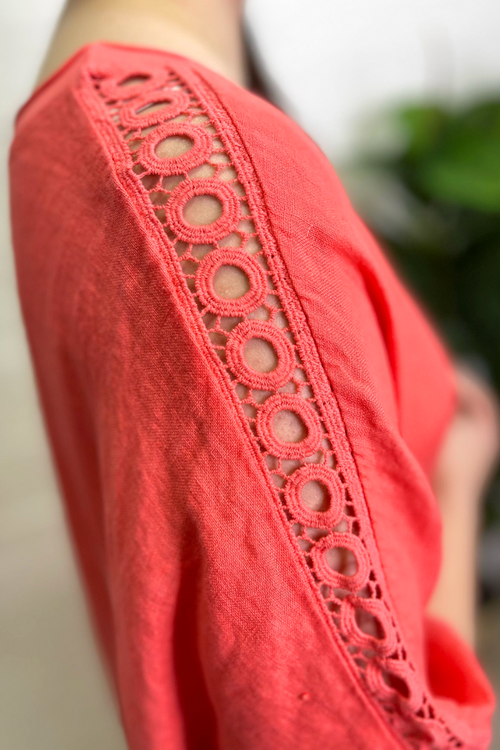 GLENDA Oversized Crochet Sleeve Linen Dress - Coral