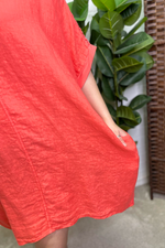 GLENDA Oversized Crochet Sleeve Linen Dress - Coral