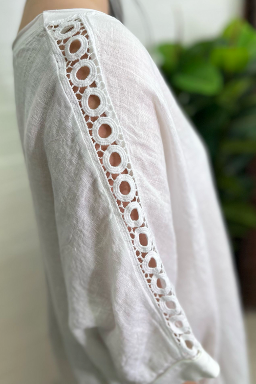 GLENDA Oversized Crochet Sleeve Linen Dress - White